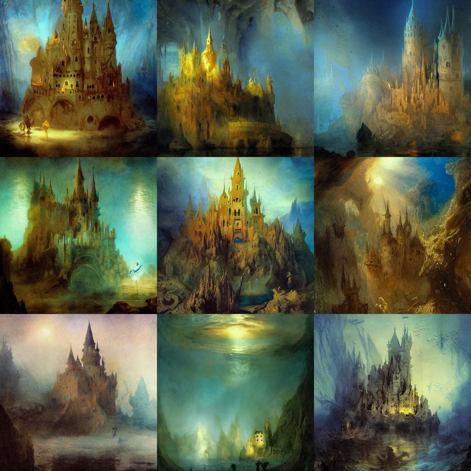 Prompt: a strange, beautiful, underwater fairy castle ( made from mud and bubbles ), in the bottom of the danube. blue hour lighting, lumnious, magical, high shadows, high contrasts, atmospheric, backlight photo sample, illustration by goya, greg rutkowski, dulac, john anster fitzgerald, rembrandt, da vinci and jmw turner