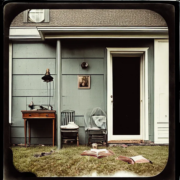 Image similar to kodak portra 4 0 0, wetplate, fisheye, award - winning portrait by britt marling, 1 9 2 0 s outside porch, ghost, picture frames, shining lamps, dust, smoke, 1 9 2 0 s furniture, wallpaper, carpet, books, muted colours, wood, fog,