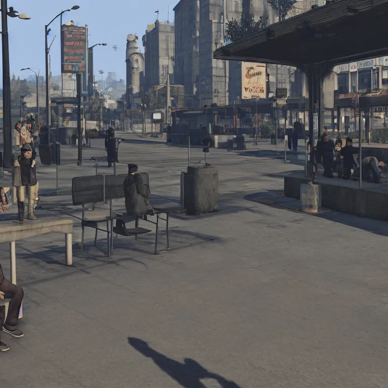 Image similar to some people waiting in a lone bus stop in qiet dark city, by GTA5 in game