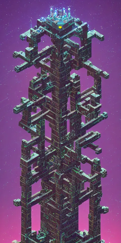 Image similar to isometric portrait of advanced alien, his last moment, mystical, magicavoxel intricate ornamental tower floral flourishes, technology meets fantasy, map, infographic, concept art, art station, style of monument valley, giger, wes anderson