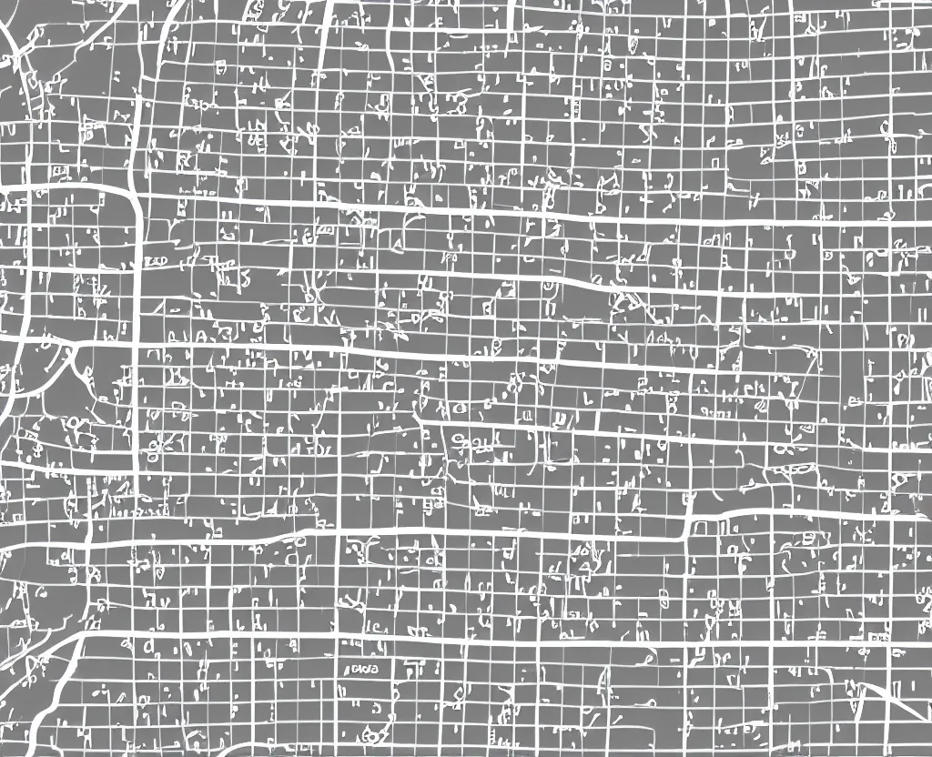 Prompt: Muted White on Grey Vector streets map of a little town with numerous little red circles marked