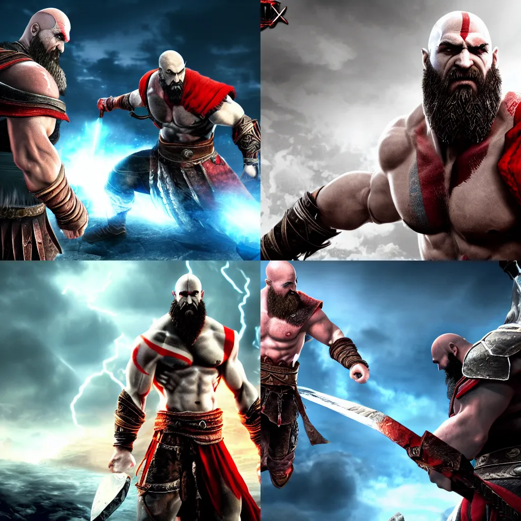 Prompt: Kratos from God of war in a battle with Thor, the god of thunder. PS4, 4k wallpaper