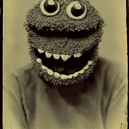 Image similar to creepy cookie monster, demonic, evil grin, tintype, realistic.