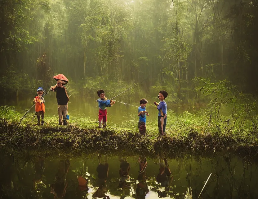 Image similar to kids fishing on a pond in the forest, ring light, smoky background, detailed, super realistic photography, sasin tipchai style