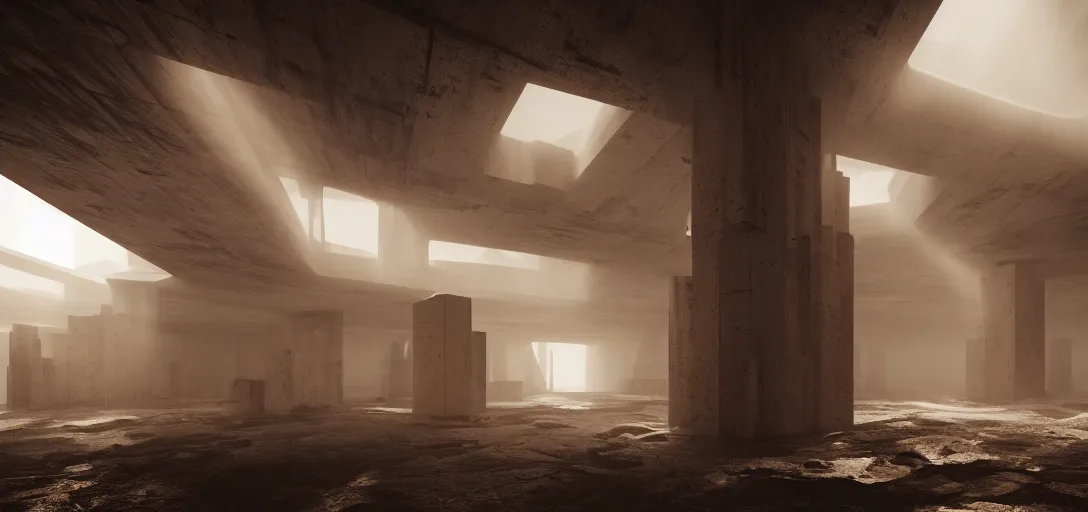 Image similar to dramatic view of empty brutalist underground structure, giant towering pillars, orange fog, unreal engine, dramatic lighting, detailed, ambient occlusion, global illumination, god rays, 3 d artstation render by greg rutowski and jessica rossier