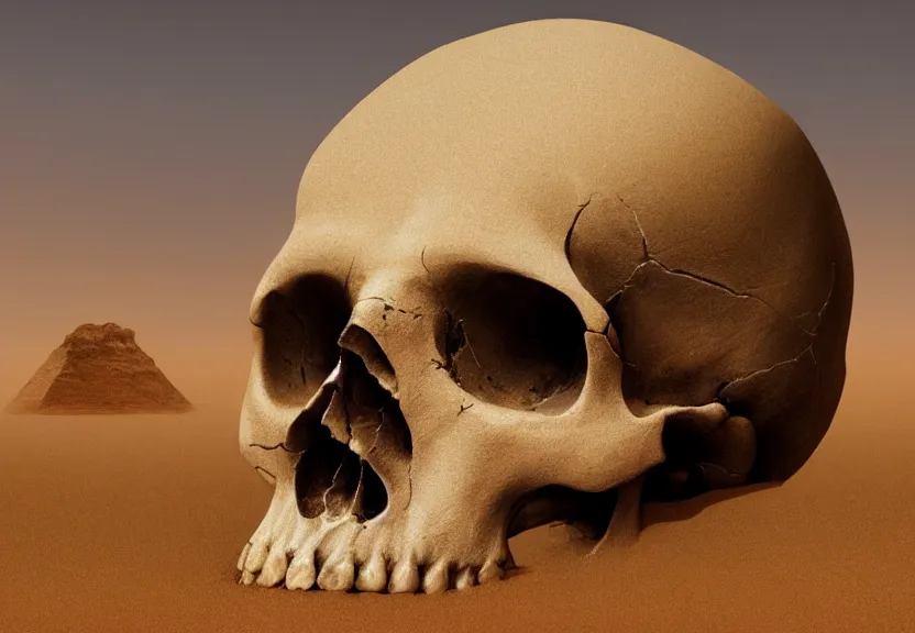 Image similar to close shot of a human skull buried in the sahara desert sand, a realistic digital painting by greg rutkowski and james gurney, trending on artstation, highly detailed
