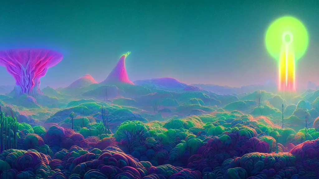 Prompt: highly detailed holographic iridescent glowing ethereal sci fi world with forests, deserts, oceans, at dusk, by gilbert williams, by simon stalenhag, by beeple, by bruce pennington, by moebius, octane render, with many different pastel shades of blue pink orange yellow green, beautiful volumetric lighting, prismatic volcano