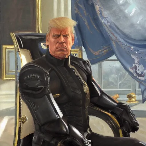 Image similar to senator armstrong from metal gear rising revengeance sitting in oval office, oil painting, presidential portrait