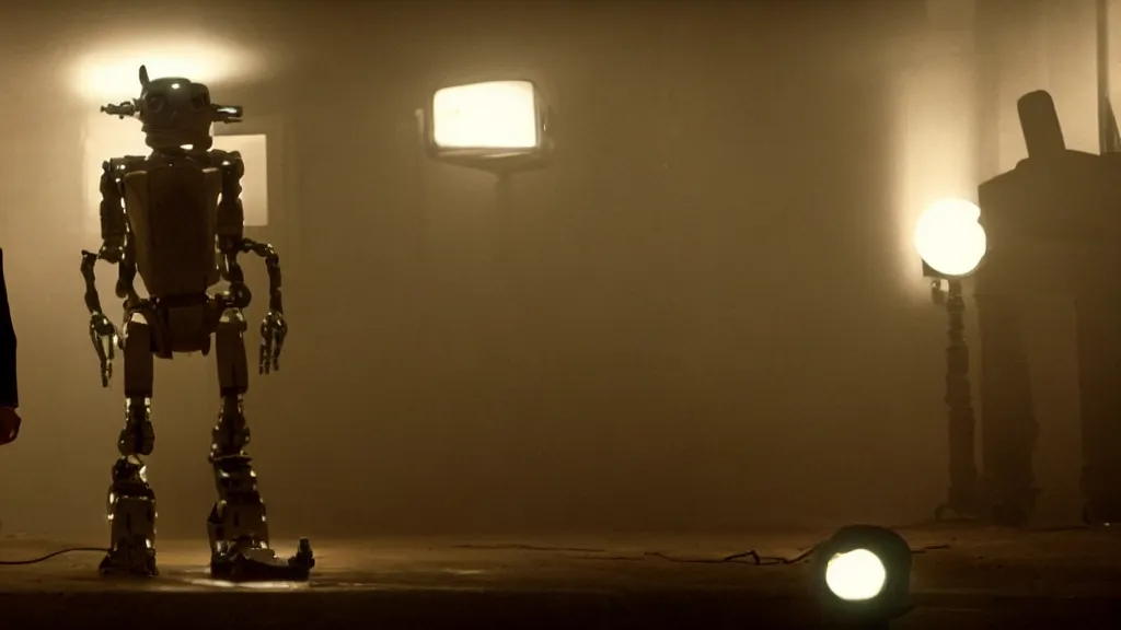 Image similar to movie still of a man and a robot in a moment of horror, movie still, cinematic composition, cinematic light, by edgar wright and david lynch