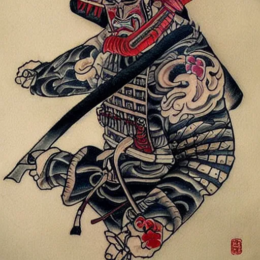 Image similar to A samurai holding a katana, Japanese Tattoo Style, tattoo, tattoo art, colorful,