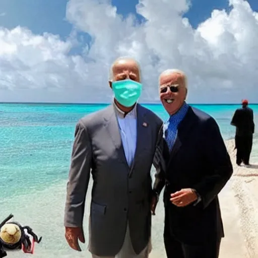 Prompt: ultra realistic candid photograph from osama bin laden with joe biden in bahamas, details intricate