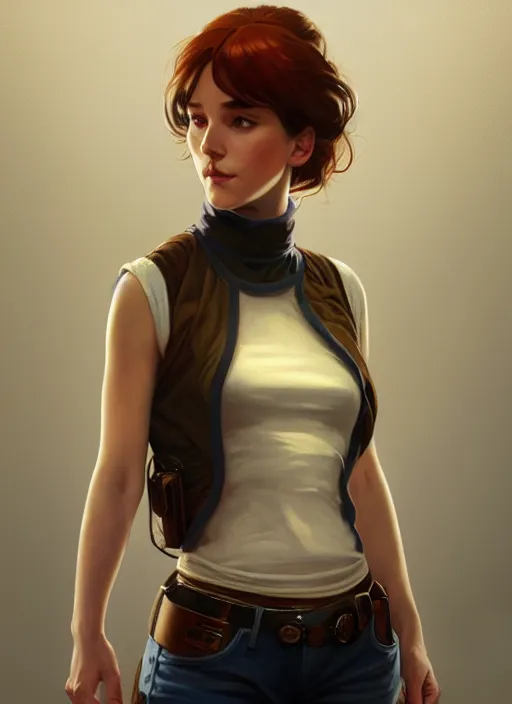 Image similar to portrait of a full body of beautiful young female detective, d & d, sleeveless turtleneck, fantasy, flat lighting, intricate, highly detailed, digital painting, artstation, concept art, smooth, sharp focus, illustration, art by simon bisley and greg rutkowski and alphonse mucha, natural tpose