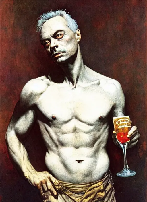 Image similar to upper body portrait of udo kier drinking a pint of moretti beer, by frank frazetta and lawrence alma-tadema and zdzislaw beksinski and norman rockwell and jack kirby