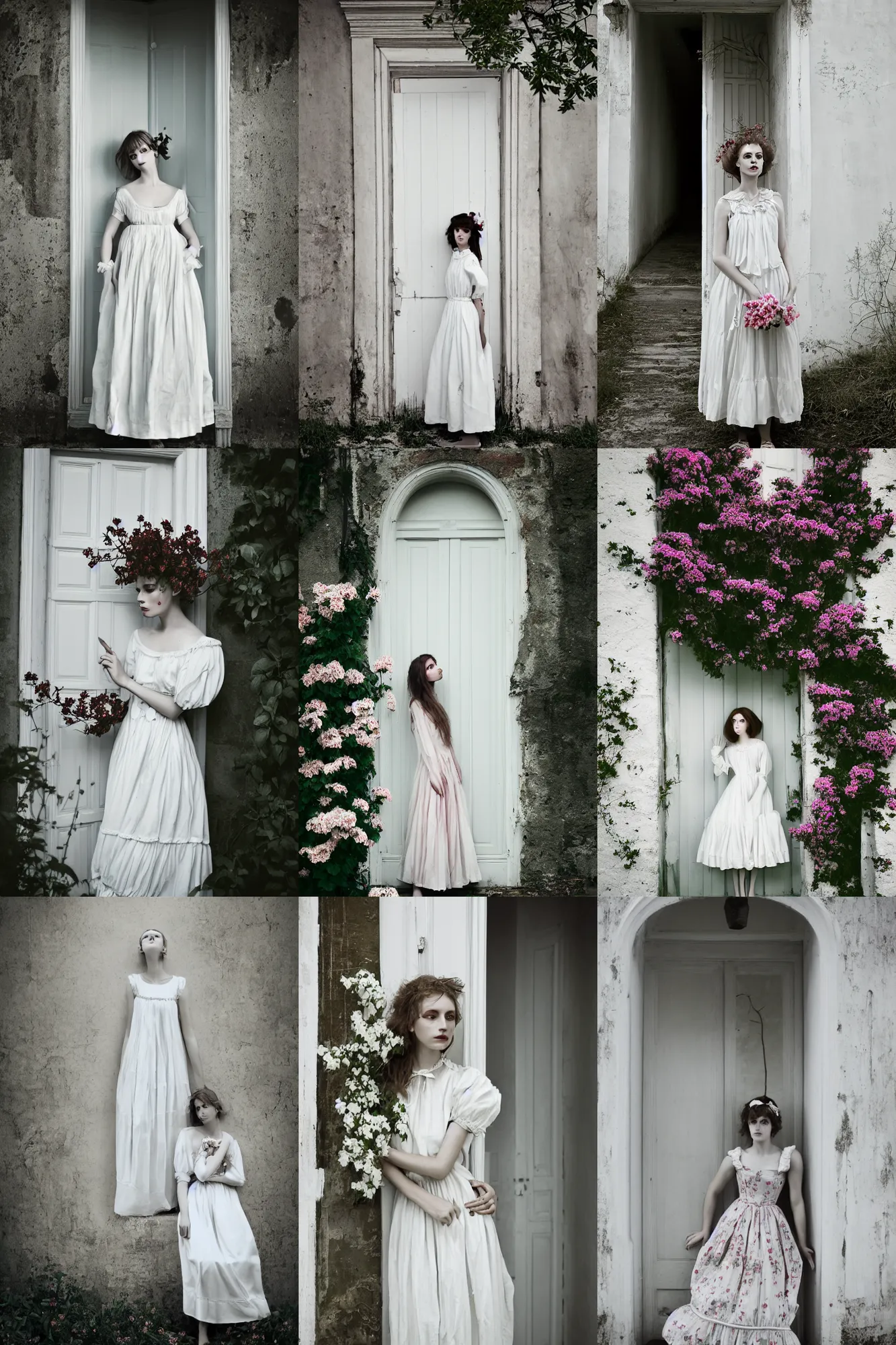 Prompt: a beautiful portrait photography of a female in beautiful dress standing by the white door ， artwork by monia merlo, full body, fashion, romanticism, flowers.