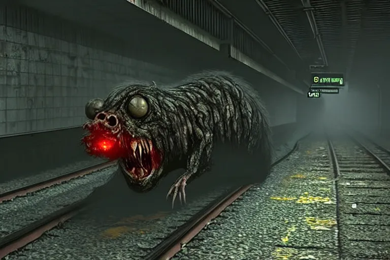 Prompt: very large giant mutant zombie irradiated ( angry rat ) staying on railways in tonnel of moscow subway. tonnel, railways, giant angry rat, furr, fangs, claws, very realistic. fog, silent hill style, extreme long shot, herman nitsch, giger, unreal engine.