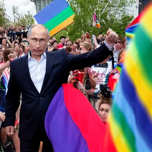 Prompt: Vladimir Putin wearing a rainbow suit surrounded by gay pride flags