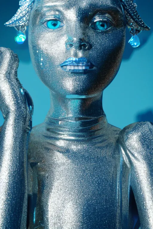 Image similar to hyper detailed ultra sharp portrait of baroque and bladerunner delicate neon diamond sculpture of seductive albino pharaoh, diamond blue sphinx iridescent humanoid deity wearing metallic hoody made out of hands holding the sun prismatic dungeon, glowing blue face, crown of white diamonds, cinematic lighting, photorealistic, octane render 8 k depth of field 3 d