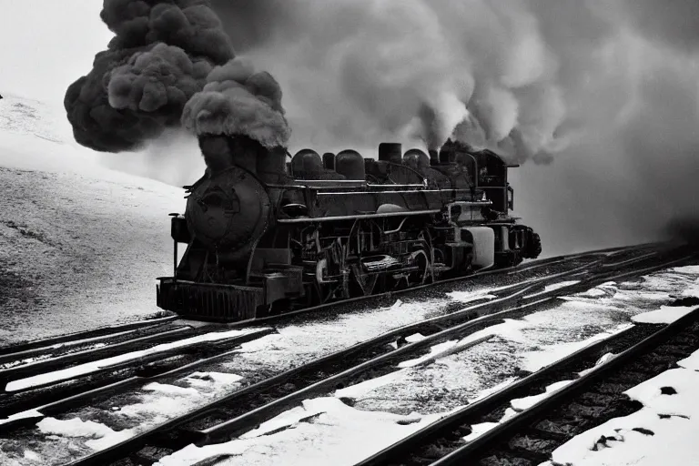 Prompt: black and white photograph of snowpiercer thundering down the rails at high speed, black smoke coming from the locomotive, cinematic, volumetric light, f 6 aperture, cinematic eastman 5 3 8 4 film