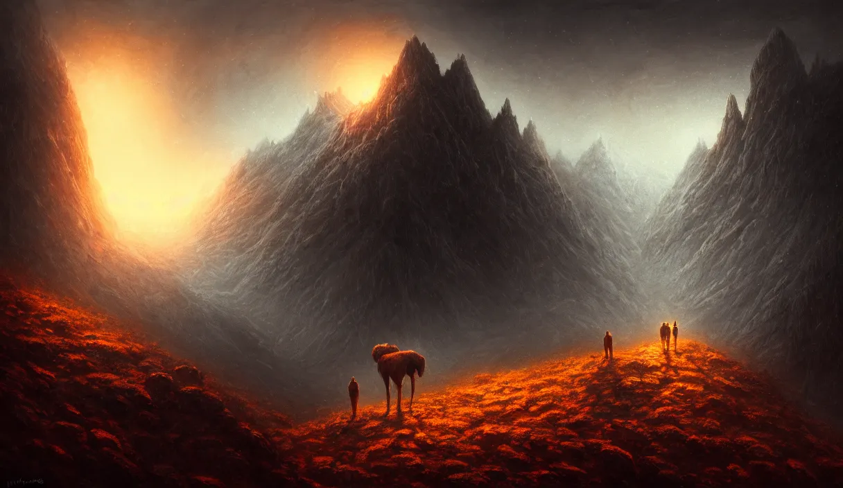 Image similar to epic professional digital art of hungry eyes, ambient amber light, painted, mysterious, closeup cinematic mountain scene, eerie, mythic, detailed, intricate, grand, leesha hannigan, wayne haag, reyna rochin, ignacio fernandez rios, mark ryden, van herpen, artstation, cgsociety, epic, stunning, gorgeous, wow wow detail