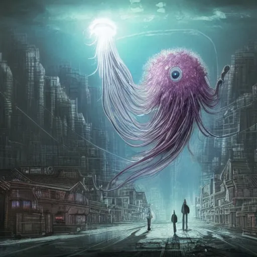 Prompt: a massive jellyfish monster lording over a dystopian city with people running away in fear while the city is on fire