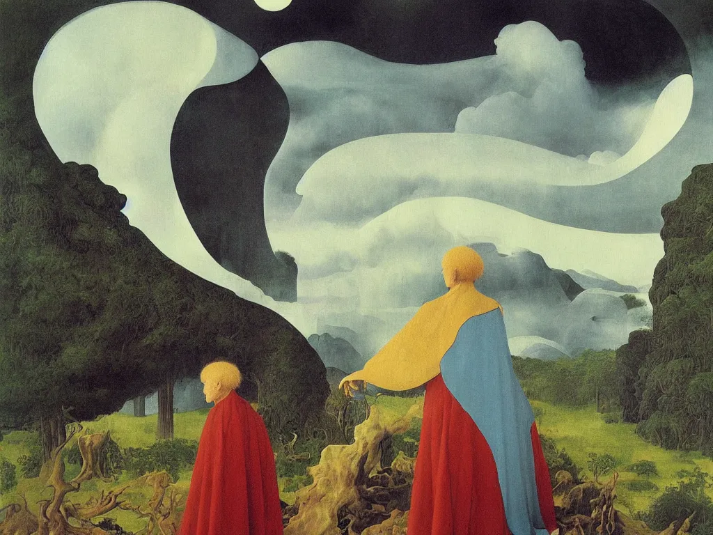 Image similar to Albino mystic with the back turned, with forest landscape flooded by a tsunami, giant wave. Painting by Jan van Eyck, Audubon, Rene Magritte, Agnes Pelton, Max Ernst, Walton Ford