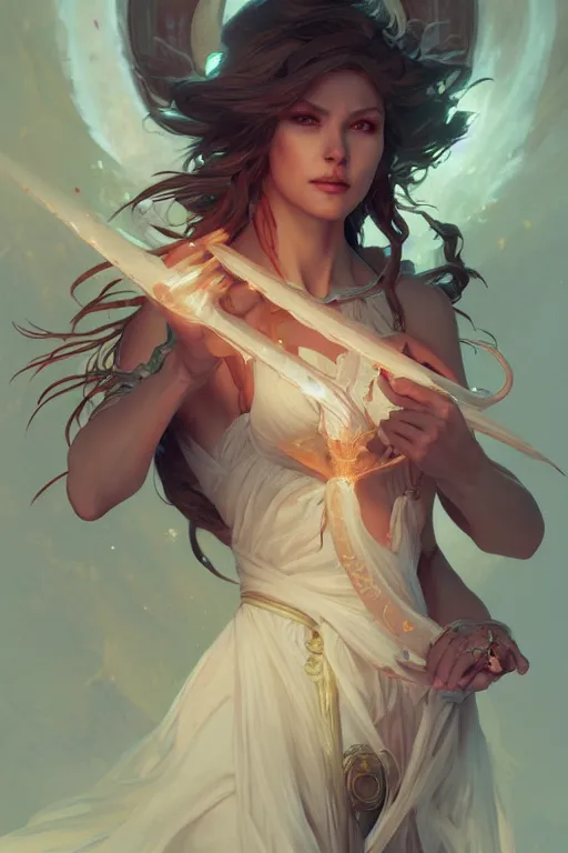 Image similar to beautiful sorceress, accurate anatomy, only two hands, highly detailed, digital painting, artstation, concept art, smooth, sharp focus, illustration, Unreal Engine 5, 8K, art by sakimichan and greg rutkowski and alphonse Mucha