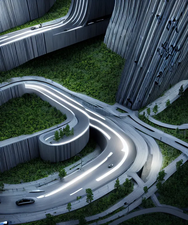 Image similar to denis villeneuve establishing shot of modern bjarke ingels condo building and gotthard tunnel entrance combined, roads tunnel under bjarke ingels condo building, lush nature environment, beautiful lighting, scifi artstation digital concept art, unreal engine, hyper realism, realistic shading, cinematic composition, blender render, octane render, wide shot