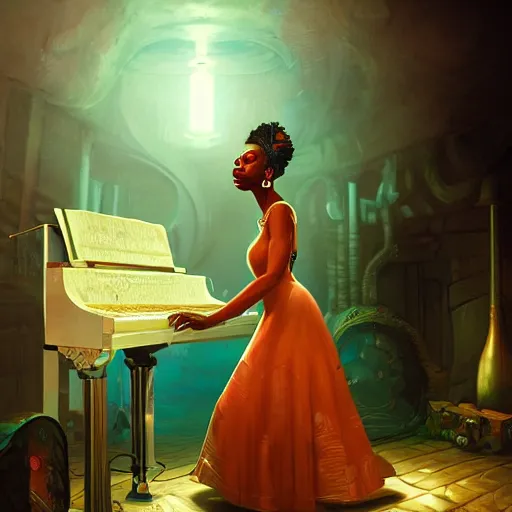 Image similar to Highly detailed portrait of a nina simone singing in a speakeasy unreal engine, fantasy art by Peter Mohrbacher, red and blue lighting, detailed and intricate environment