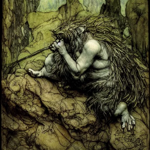 Prompt: a troll on a rock in a forest, dramatic lighting, fluid, smooth, bright, colours, high contrast, sharpness, very detailed, intricate, by briand froud and arthur rackham and john bauer