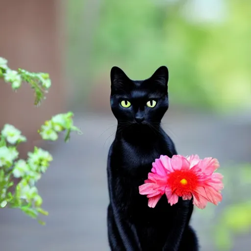 Prompt: a black cat eat flower