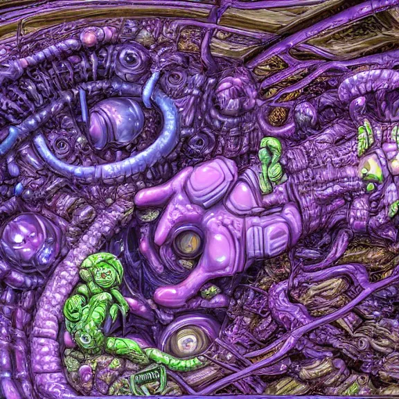 Image similar to detailed shot inside a goddess mecha dragon's cavernous living stomach, the walls purple, ribbed, and pulsing, slimy and hot, lots of acid pooling up on the floor, digesting a bunch humans that ended up inside, food pov, micro pov, vore, digital art, furry art, high quality, 8k 3D realistic, macro art, micro art, Furaffinity, Deviantart, Eka's Portal, G6