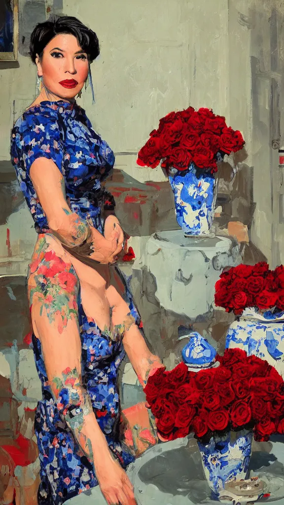 Image similar to portrait of rebekah delrio in lynch pattern dress beside of a big persian detailed pot of red roses, blue and red lights, mulholland drive, painted by craig mullins