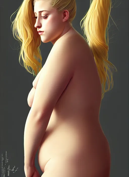 Image similar to full body portrait, teenage lili reinhart, blonde hair, obese, bangs, ponytail, sultry, realistic, sultry smirk, fluffy bangs, curly bangs, fat, belly, intricate, elegant, highly detailed, digital painting, artstation, concept art, smooth, sharp focus, illustration, art by wlop, mars ravelo and greg rutkowski