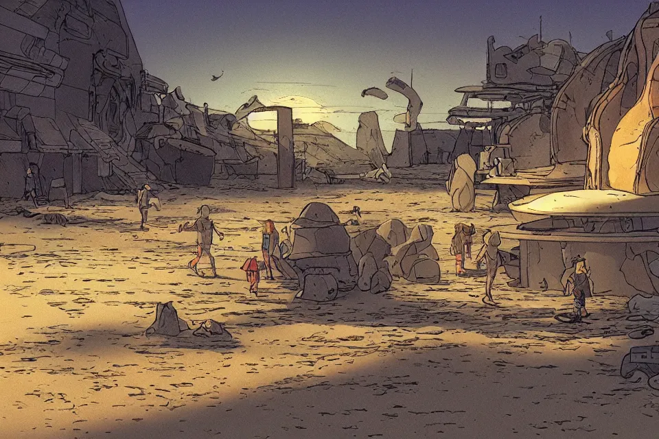 Prompt: sci-fi fi scene of a seashell where the deserted kids live, in the style of john harris and roger deakins by moebius