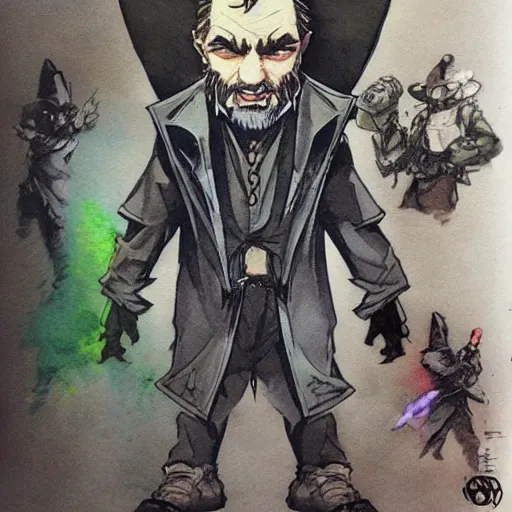 Image similar to Gnome Alchemist dressed like a mobster, drawn by Yoji Shinkawa, water color, Dungeons and Dragons, Wizards of the Coast