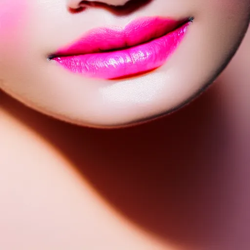 Image similar to gentle smile of a girl with light pink lipstick, close-up, color old photo, blur, soft shadows, volumetric light