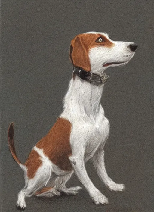 Prompt: candid portrait of a jack russel terrier howling, side view, illustrated by peggy fortnum and beatrix potter and sir john tenniel