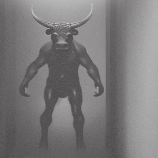 Image similar to hi - 8 night vision camera footage of a barely visible minotaur with red eyes in a dark hallway