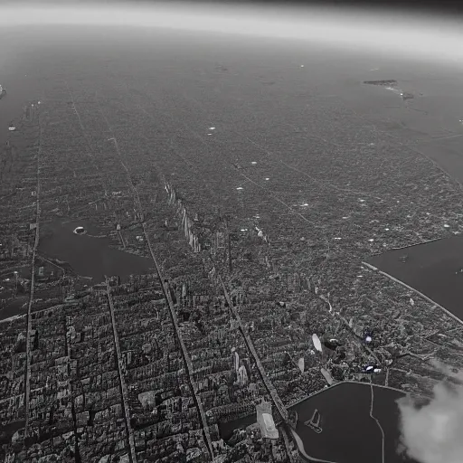 Prompt: infrared camera view from bomber, flying over manhattan military