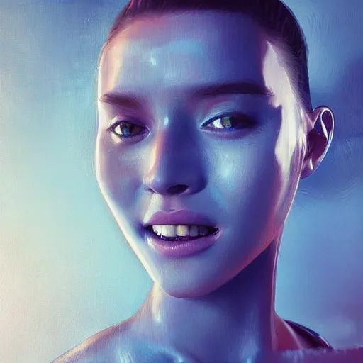 Image similar to 3 d, sci - fi, close - up, morning, smiling fashion model face, sun, cinematic, clouds, sun rays, vogue cover style, poster art, blue mood, realistic painting, intricate oil painting, high detail illustration, figurative art, multiple exposure, poster art, by tooth wu and wlop and beeple and greg rutkowski