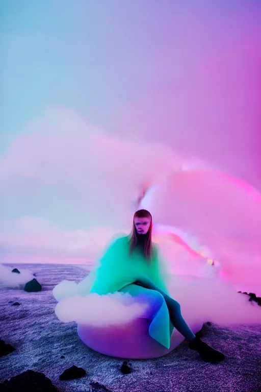 Image similar to high quality pastel coloured film close up wide angle photograph of a model wearing clothing resting on cloud furniture in a icelandic black rock environment in a partially haze filled dreamstate world. three point light, rainbow. photographic production. art directed. pastel colours. volumetric clouds. pastel gradient overlay. waves glitch artefacts. extreme facial clarity. 8 k. filmic.