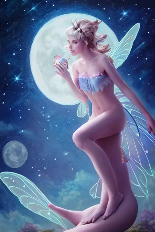 Image similar to attractive fairy magically floating high in the night, fantasy, full moon in background. highly detailed painting by artgerm, mid shot, 8 k