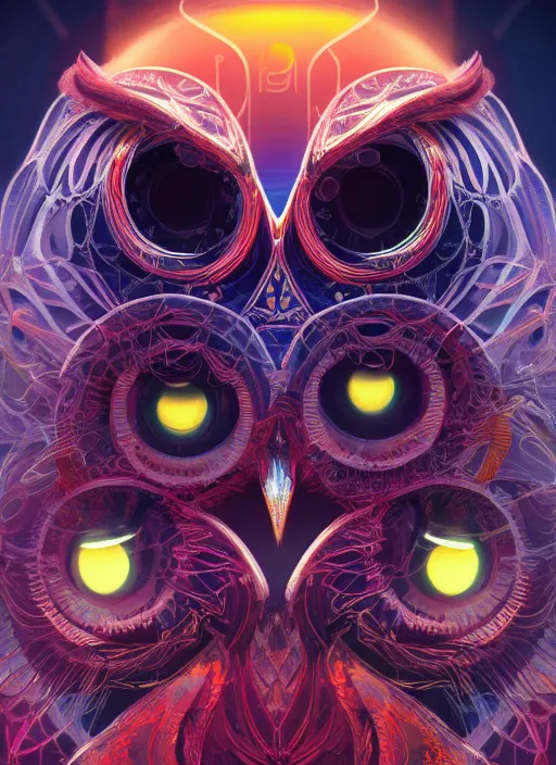 Image similar to symmetry!! product render poster vivid colors divine proportion owl, scifi, glowing fog intricate, elegant, highly detailed, digital painting, artstation, concept art, smooth, sharp focus, illustration,