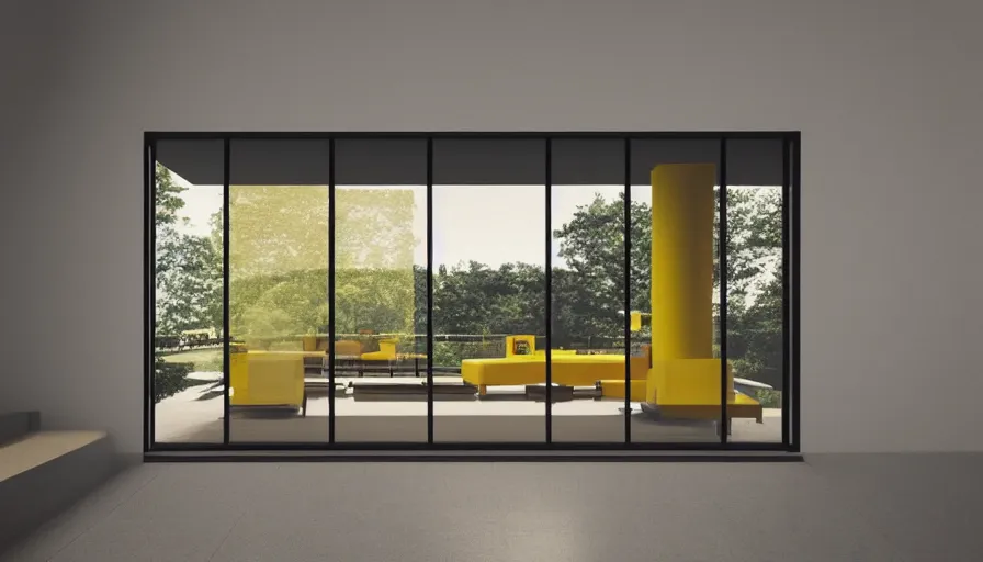 Prompt: architecture ad for a mid-century modern house designed by mies van der rohe. Film grain, cinematic, colorized, yellow hue.