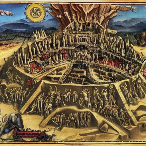 Prompt: detailed map of the nine layers of hell from dantes inferno. cutaway style.