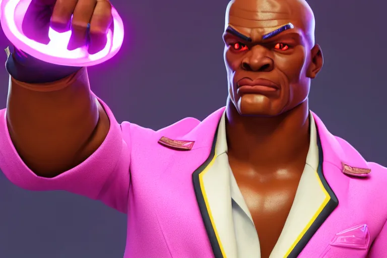 Image similar to doomfist, pink blazer, overwatch game, digital art, high detailed, unreal engine, artstation, 3 d render