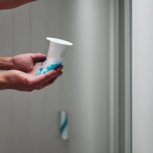 Image similar to toothpaste tube clogging a restroom toilet, 50mm lens