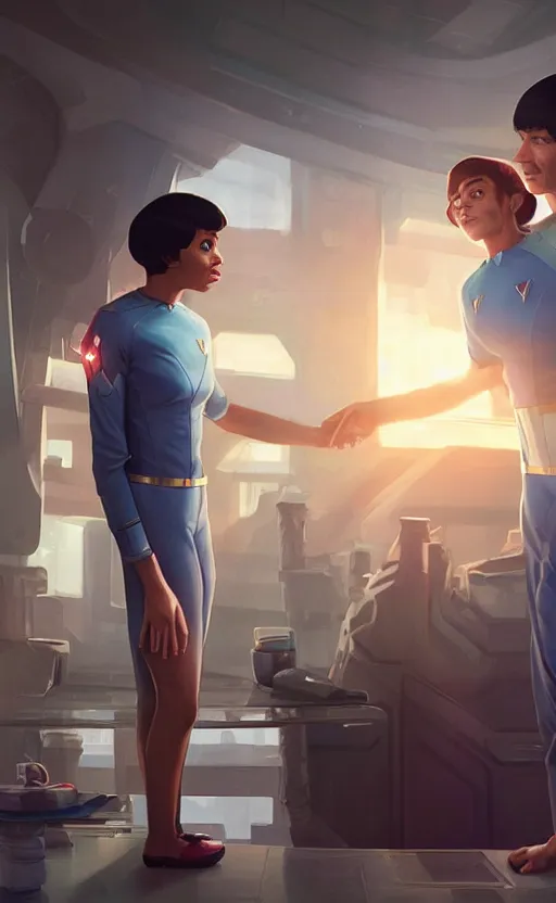 Image similar to Celia Rose Gooding as Uhura and Ethan Peck as Spock caught about to kiss, surprise, cute, innocent, soft lighting, standing in a starbase bar, In style of wojtek fus, by Makoto Shinkai, concept art, highly detailed