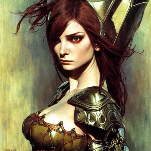 Image similar to half length portrait of a beautiful female elf armored paladin, royo, klimt, miro, vallejo, frazetta, alphonse mucha, greg rutkowski, whealan