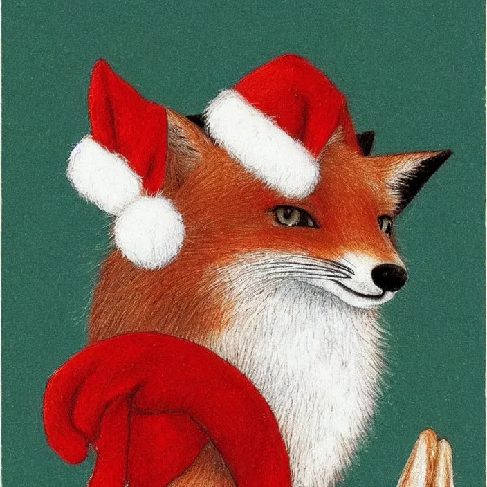 Image similar to a cute fox wearing a christmas hat by koson ohara